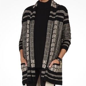 BCBGMAXAZRIA SHADIA TEXTURED JACQUARD open front CARDIGAN Black and Cream SIZE L